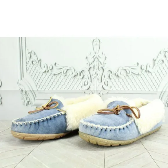LL Bean Blue Suede Wicked Good Shearling Lined Moccasin Slippers Size 8 M - Picture 2 of 9